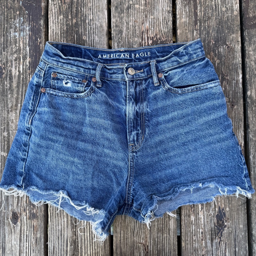 American Eagle Outfitters Blue Frayed-Hem Jean Shorts